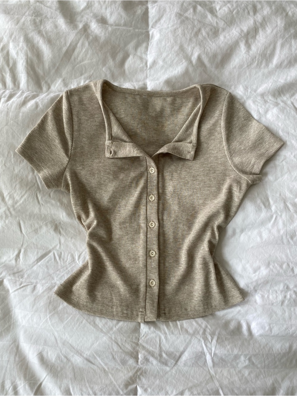Classic Cap Sleeve Button Front Top in Beige